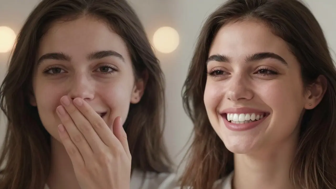 Žena se usmívá s přirozeně vypadajícími keramickými zuby, srovnání s předchozím úsměvem.