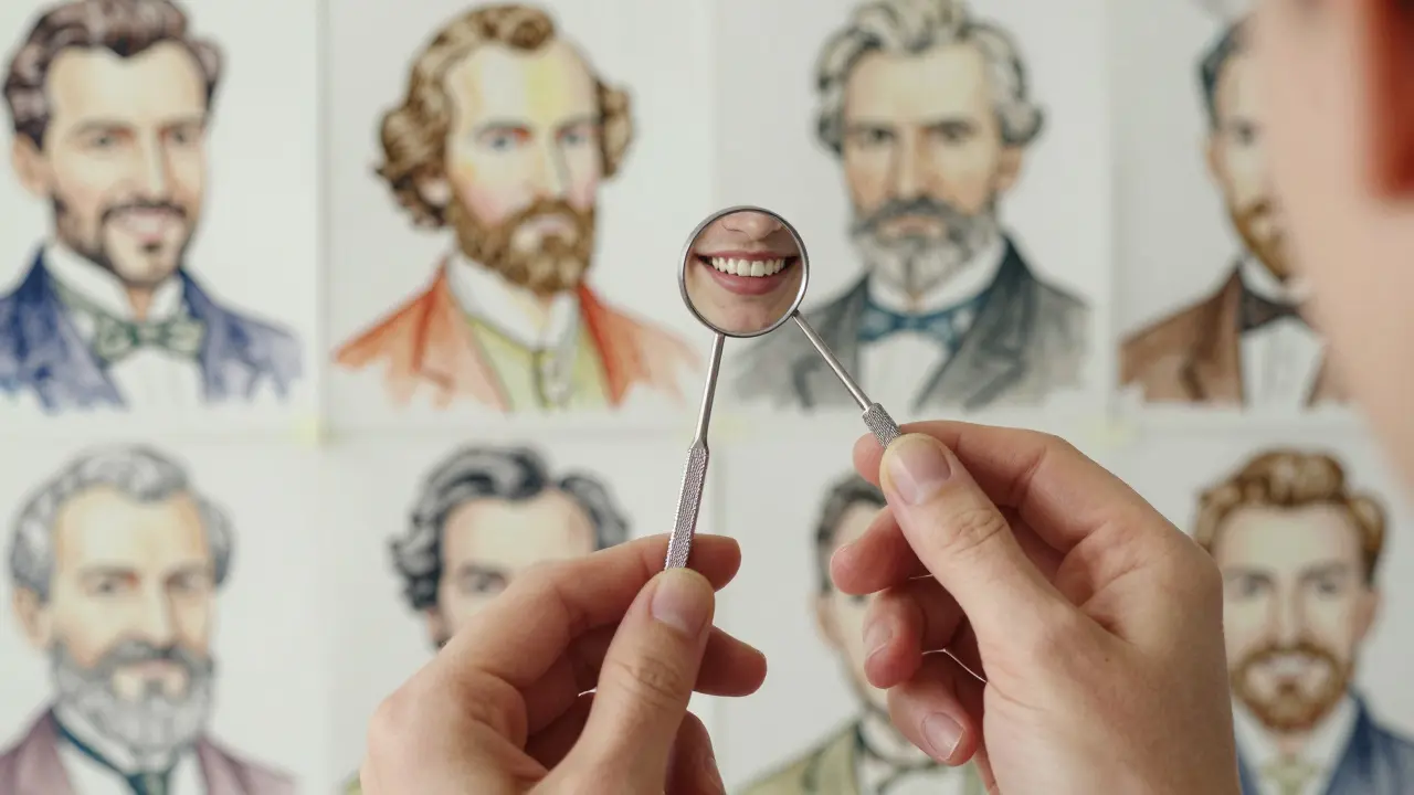 Zrcadlo odrazí úsměv s mezerou mezi zuby, za ním portréty českých umělců.