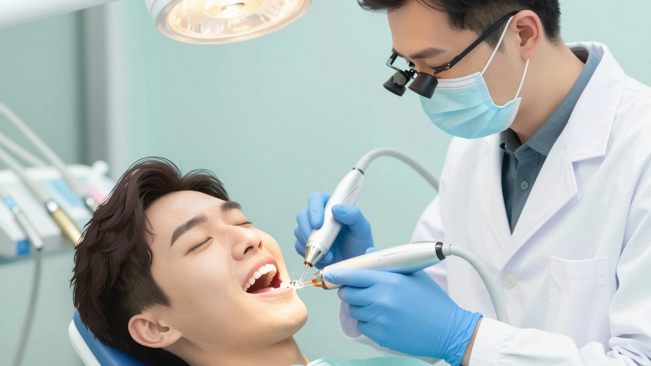 Zubař používá ultrazvukový skrabák k odstranění zubního kamene během profesionálního čištění.