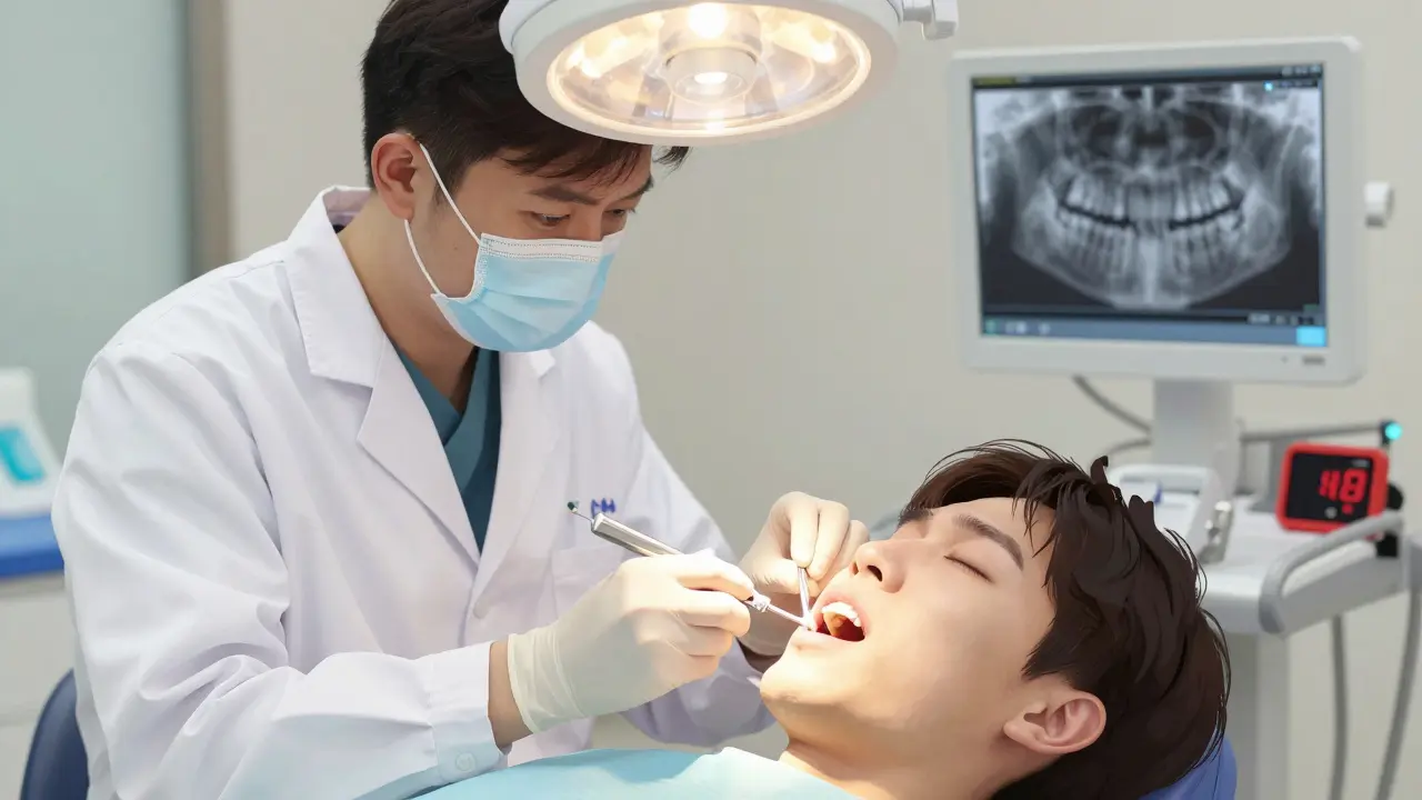 Zubář stabilizuje znovu vložený zub speciálním drátem v klinice.