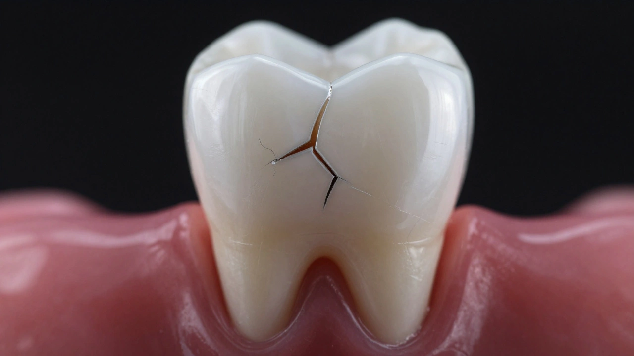 Zubní fazeta je posunuta kvůli růstu osmáku pod dásní.