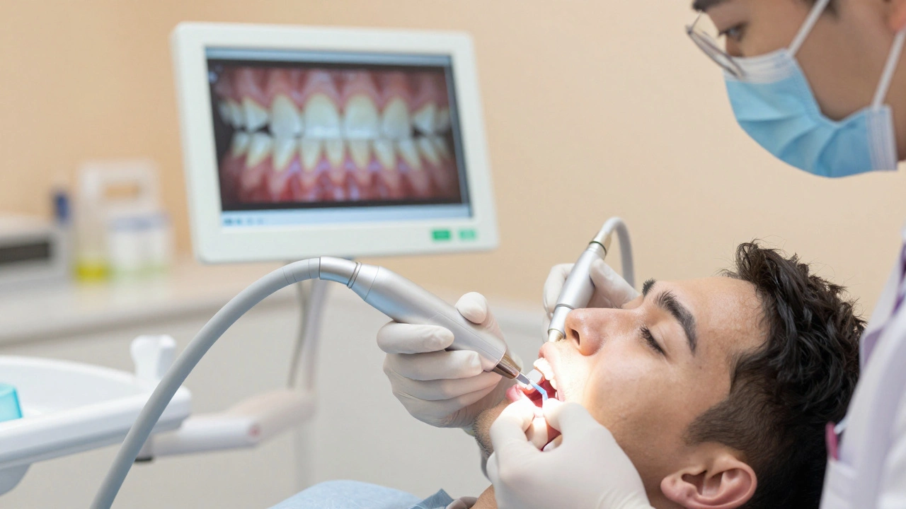 Zubní hygienistka odstraňuje zubní kámen ultrazvukovým přístrojem.