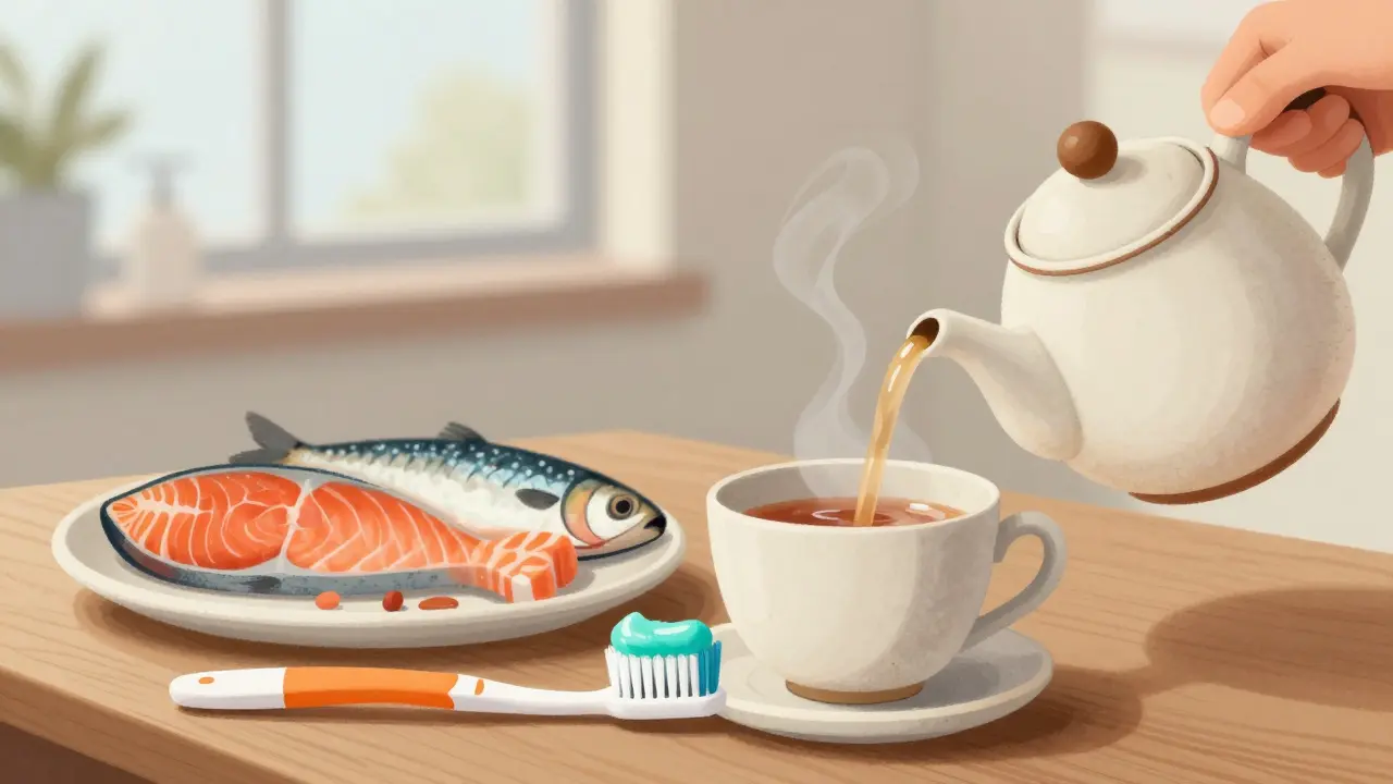 Zubní kartáček s pastou, čajová konvice a mořské plody na dřevěné desce
