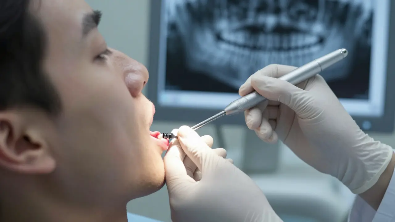 Zubní lékař měří hloubku zánětu kolem volného implantátu pomocí sondy.