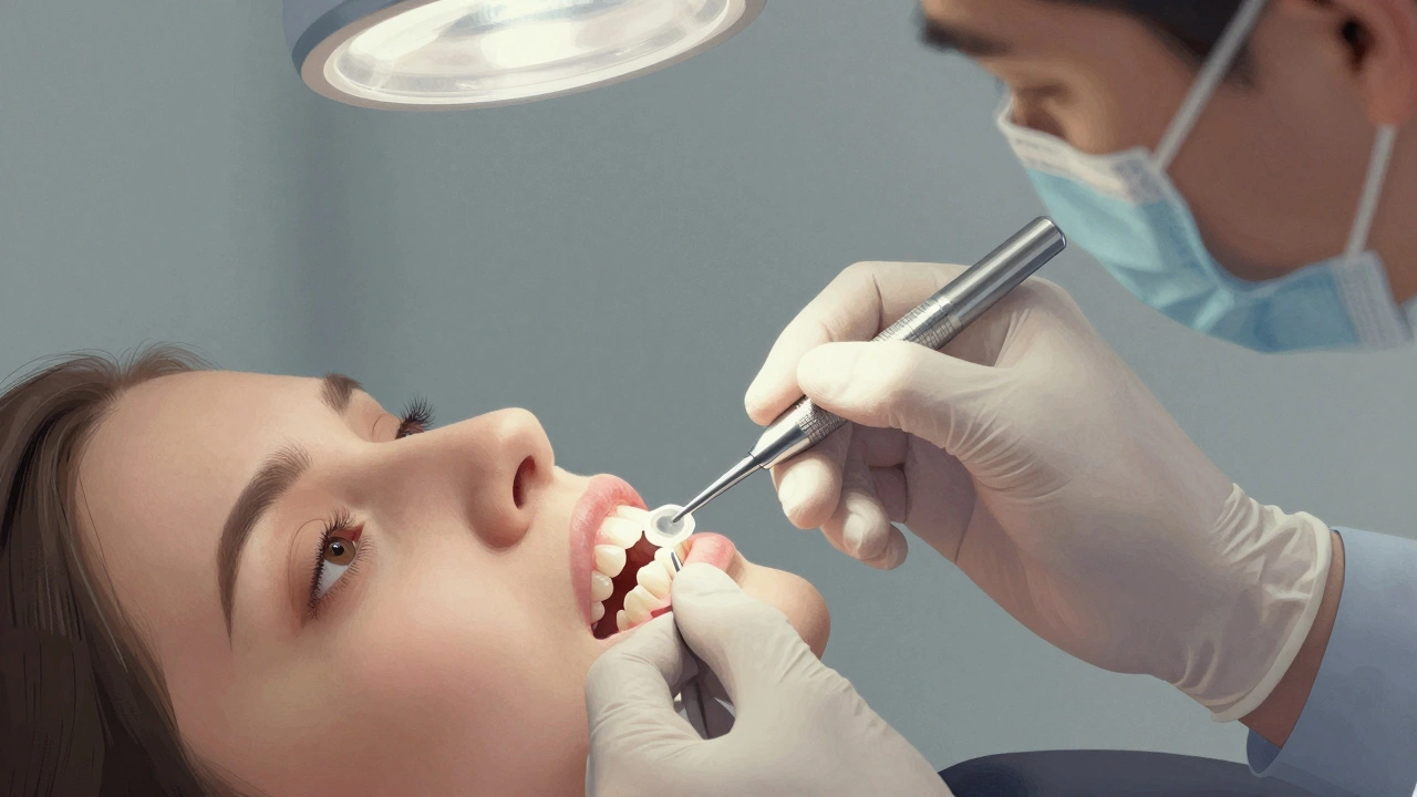 Zubní lékař přilepuje keramickou fazetu na zub s přesnými nástroji v klinice.