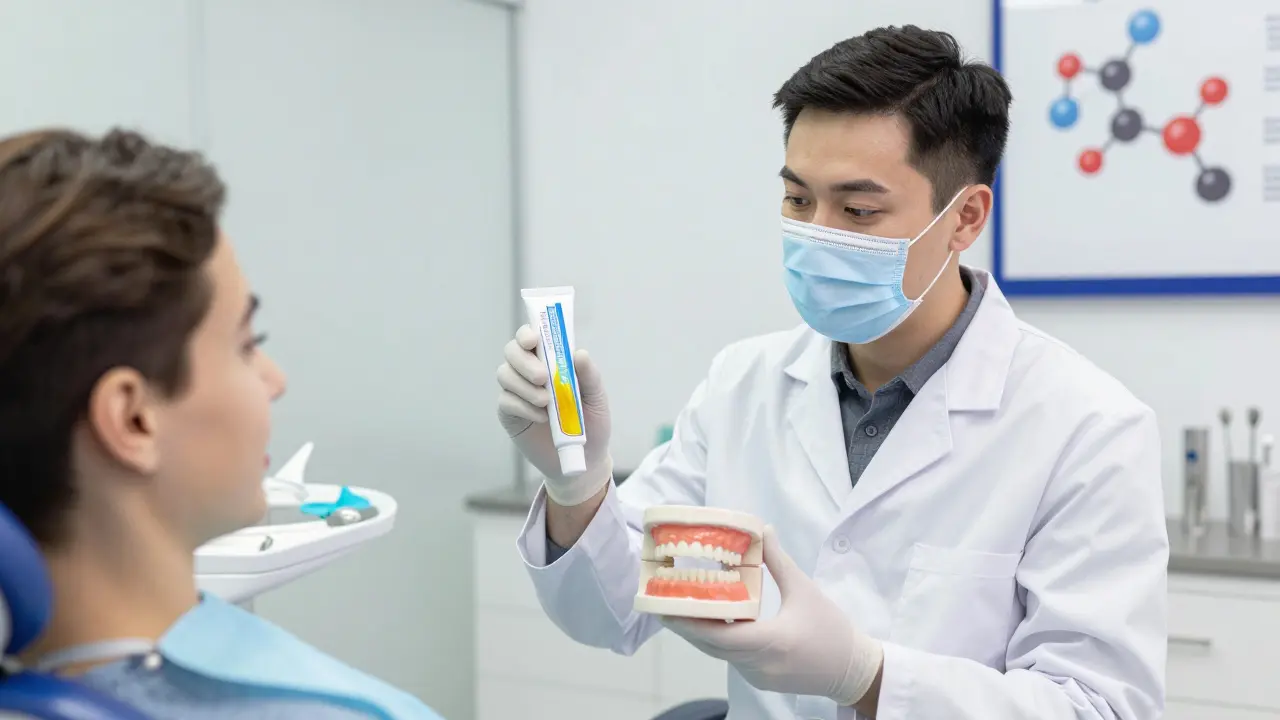 Zubní lékař vysvětluje pacientovi, proč kurkuma nebělí zuby.