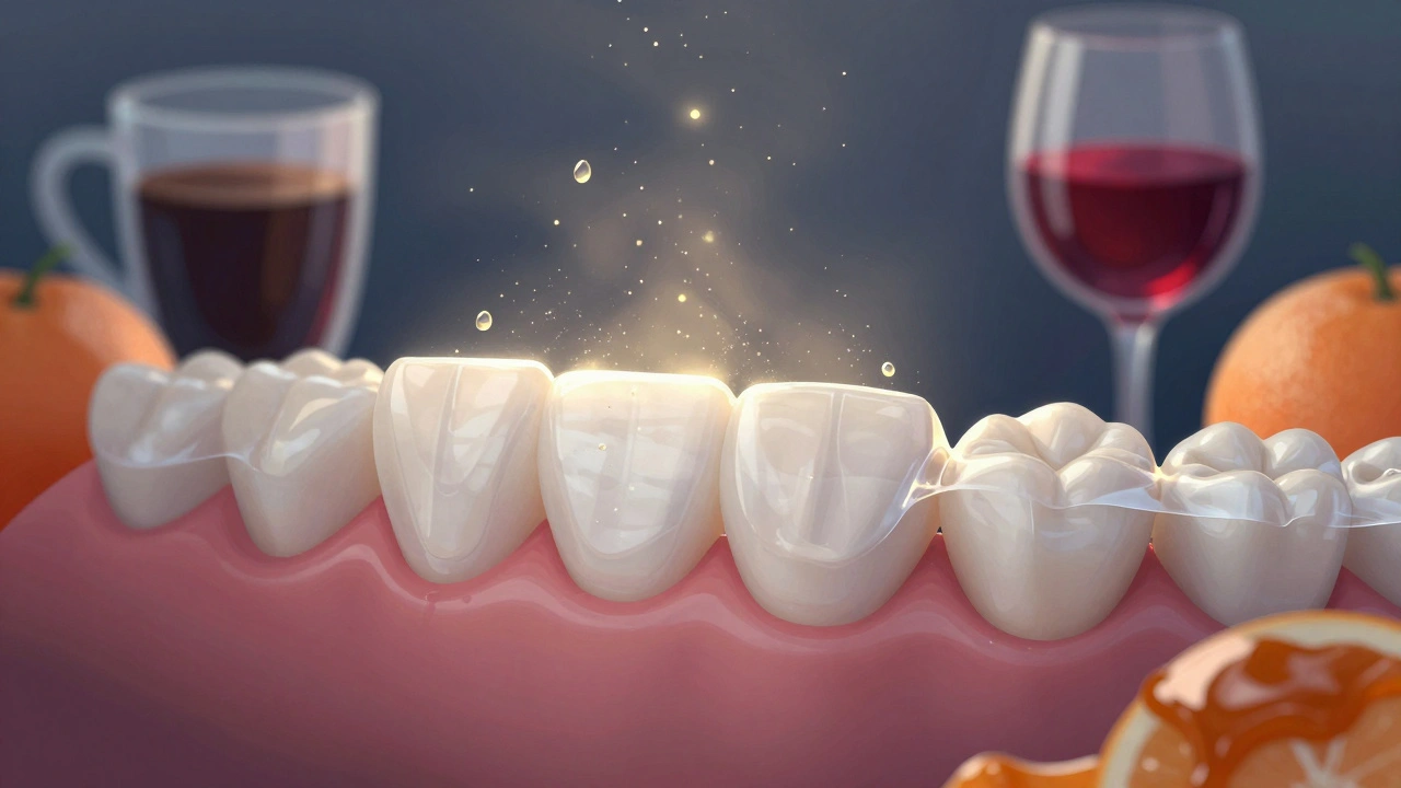 Zuby s obnovující se ochrannou vrstvou a vybledlými potravinami kolem.