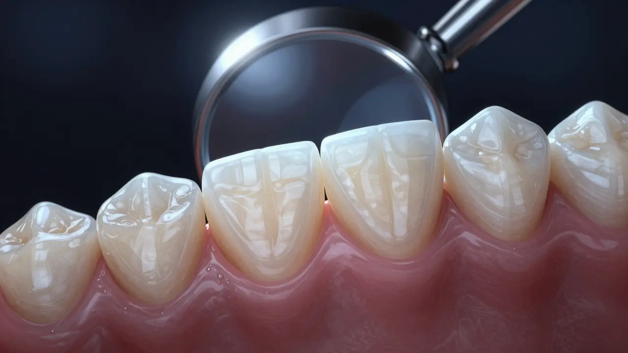 Zvětšený pohled na keramickou fazetu s přirozeným lomem světla, okolo ní jemný nános plaku na dásni.