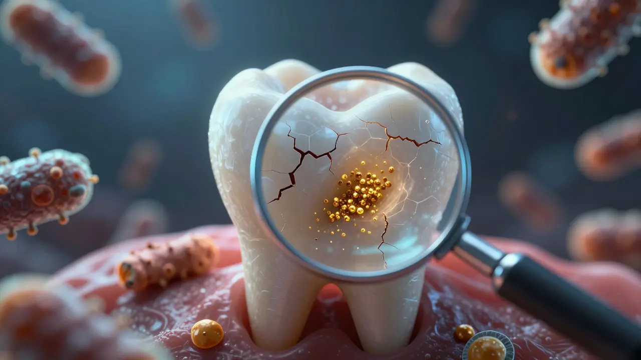 Zvětšený pohled na zubní emal s ukládanou kurkumou v mikrotrhlinách.