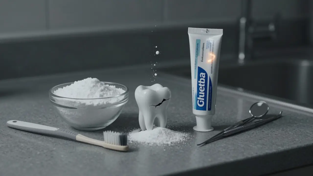 Baking soda a zubní pasta na kuchyňském stole, symbolizující volbu mezi rizikem a bezpečností.