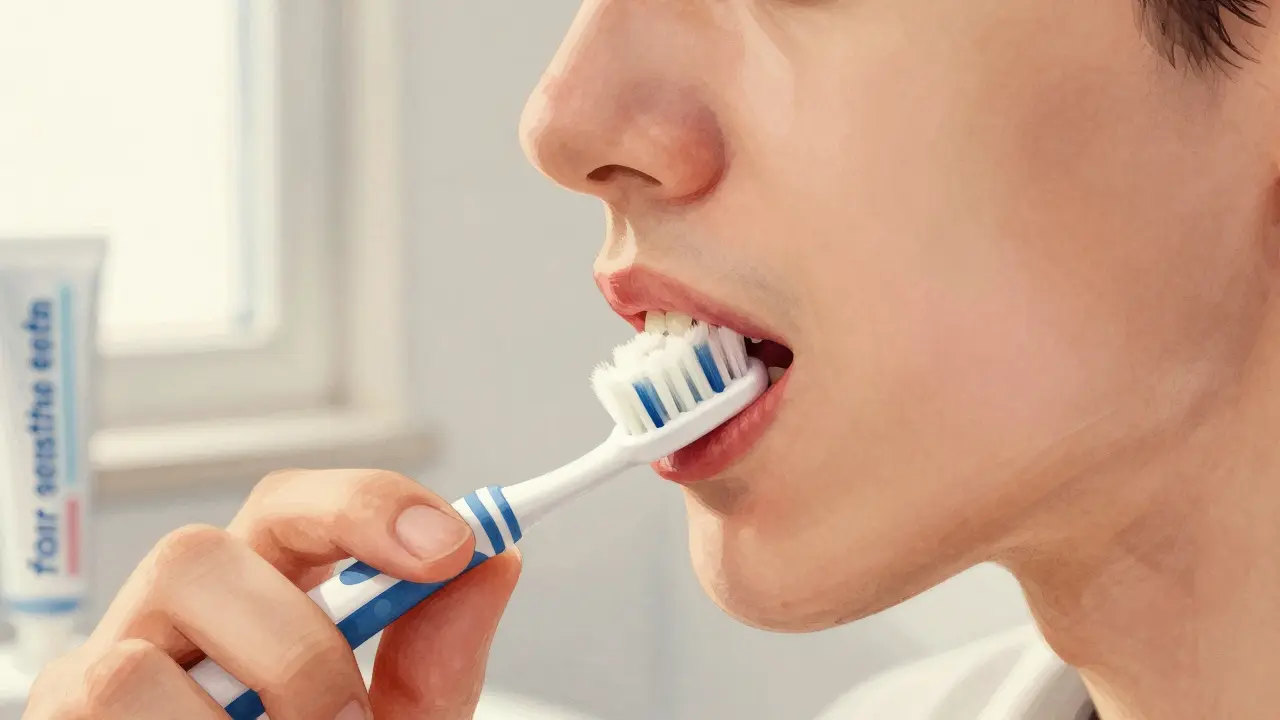 Člověk jemně čistí zuby měkkým štětcem pod úhlem 45 stupňů k dásni.