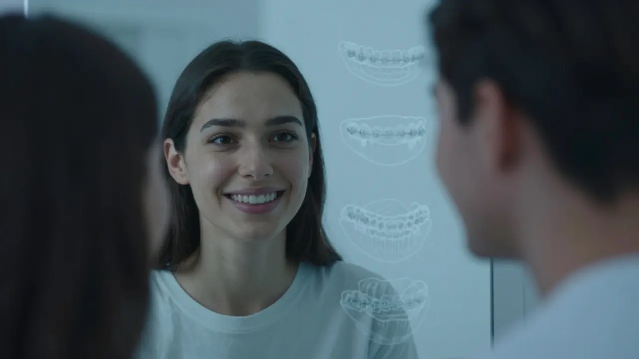 Člověk se dívá do zrcadla, kde jeho odraz ukazuje dokonalý úsměv, zatímco skutečný obličej je stále napjatý.