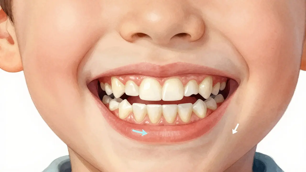 Dítě s přechodem mléčných zubů na trvalé, vyrůstající první molár a předštěk.