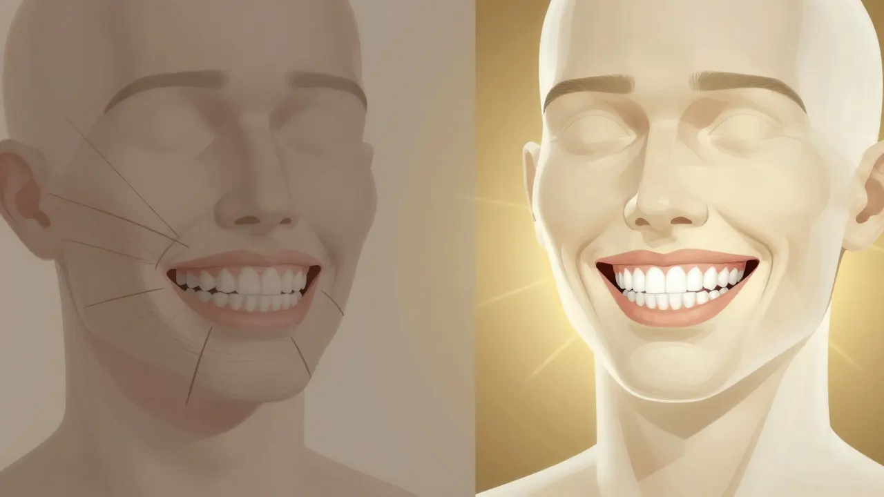Dvě strany obličeje: jedna s napětím a špatným předkusem, druhá s klidem a ideálním úsměvem.