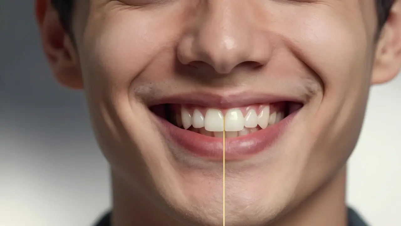 Dvě strany úsměvu: jedna s černým kamenem, druhá s čistými zuby po očistce.