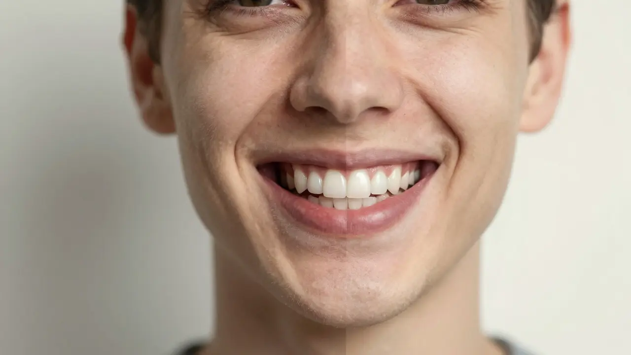 Dvojitý portrét: před a po instalaci fazet na zuby.