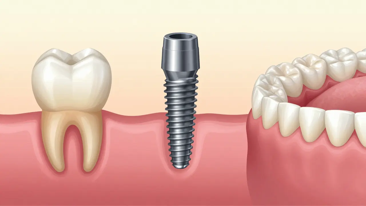 Ilustrace průběhu implantace: chybějící zub, implantát s kostí a dokonalá korunka.