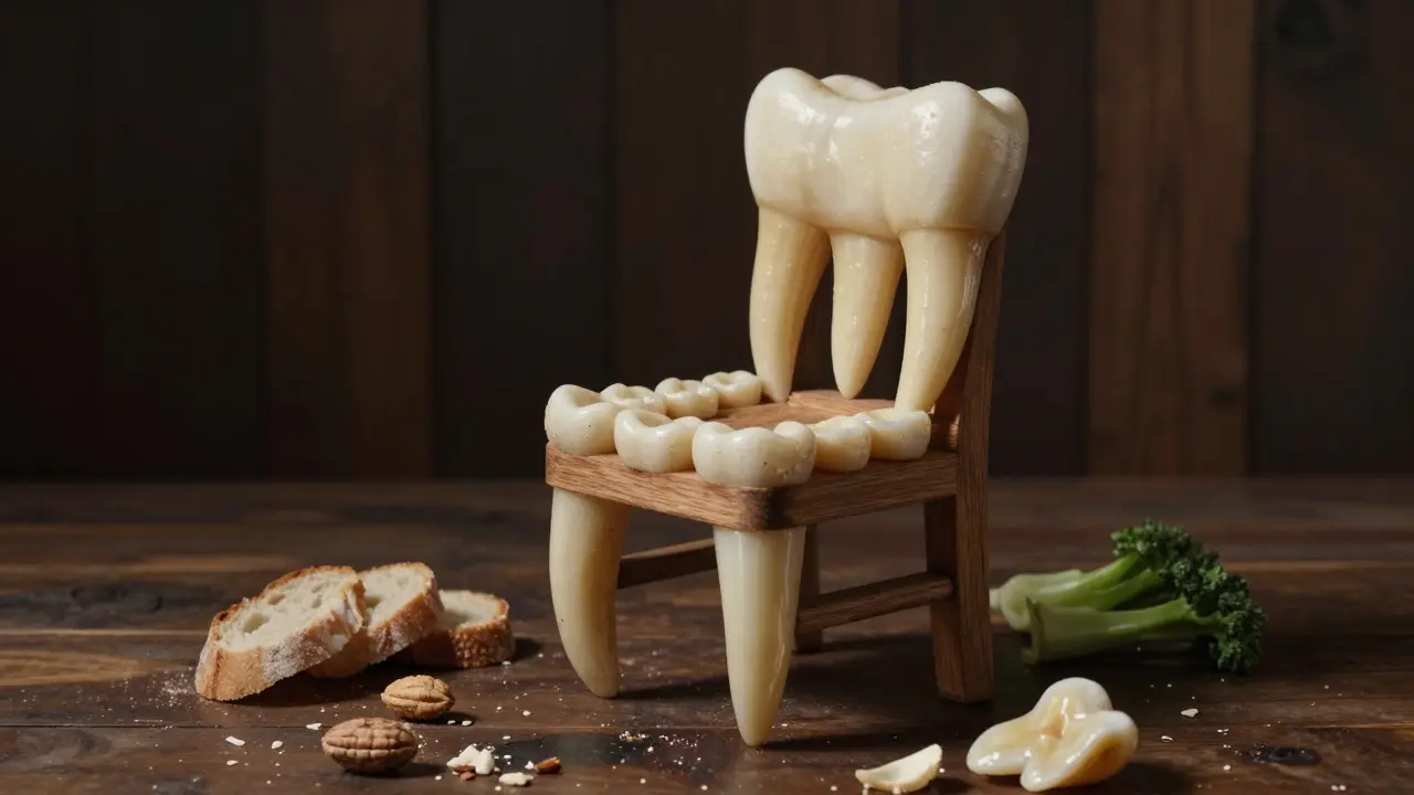 Koncepční obraz židle složené z molárů, symbolizující jejich funkci při žvýkání potravy.