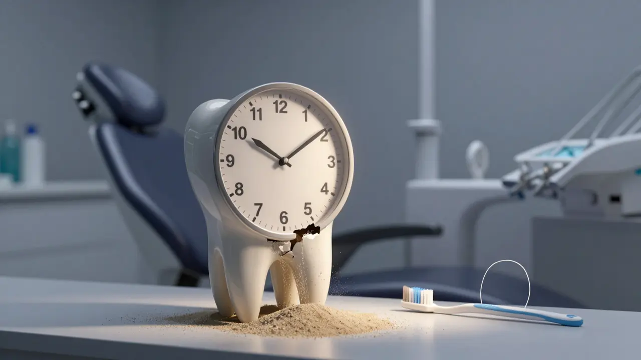 Konceptuální obrázek hodin v zubu, které ukazují dobu životnosti plomby, s klesajícími částmi plomby jako písek.
