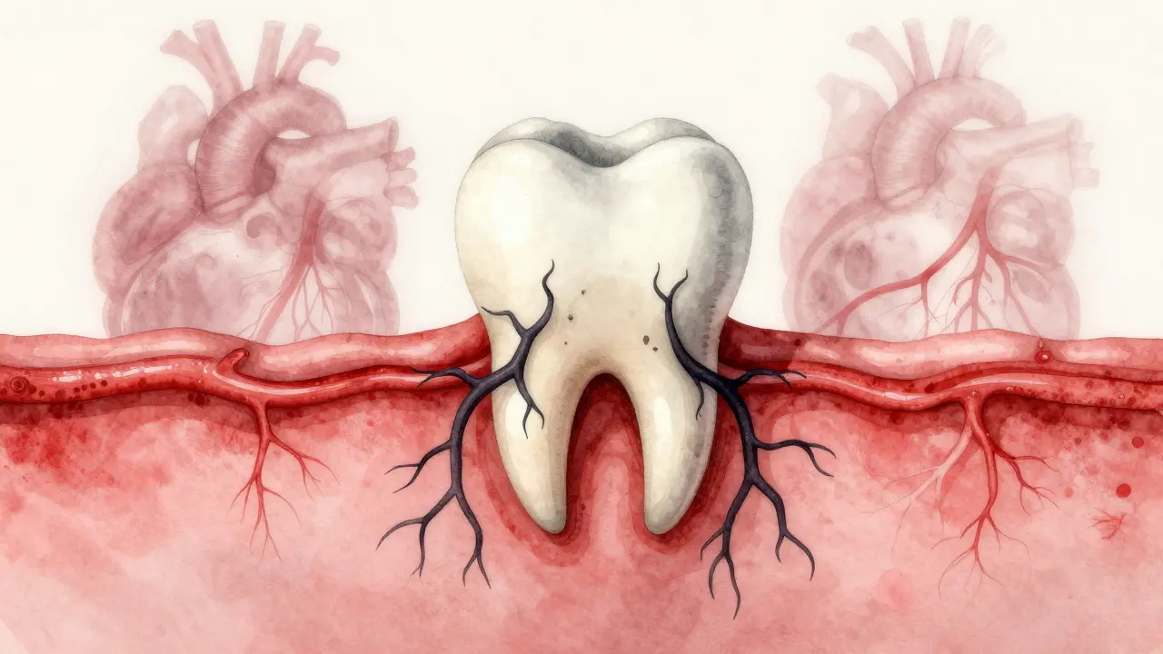 Konceptuální obrázek zubu, který se rozpadá, s černými kořeny spojenými s krvavými cévami.