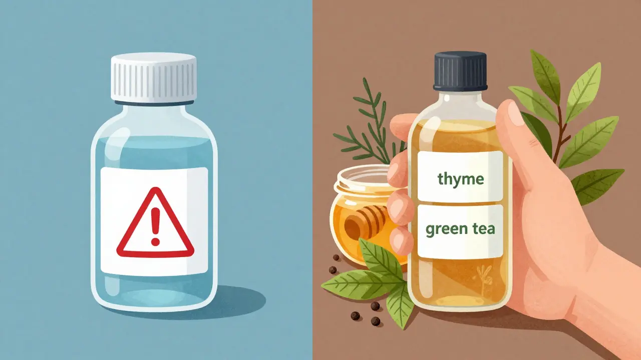 Kontrast mezi chemickou ústní vodou a přírodní domácí alternativou s bylinami.