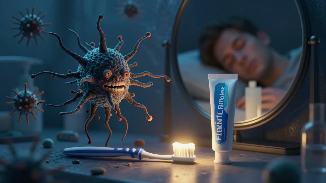 Noční scéna s bakteriemi mezi zuby a ochrannými nástroji pro ústní hygienu