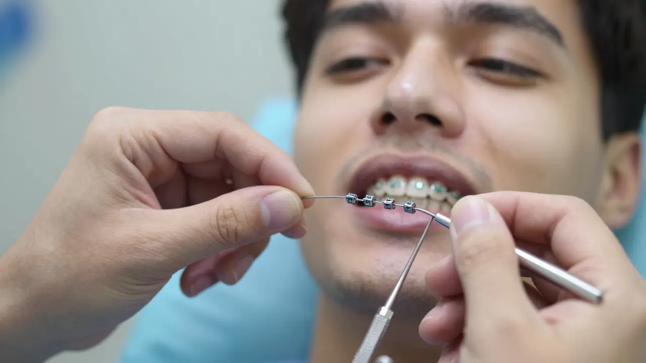 Ortodont přidává nový kovový oblouk do zámečků během kontroly rovnátek.