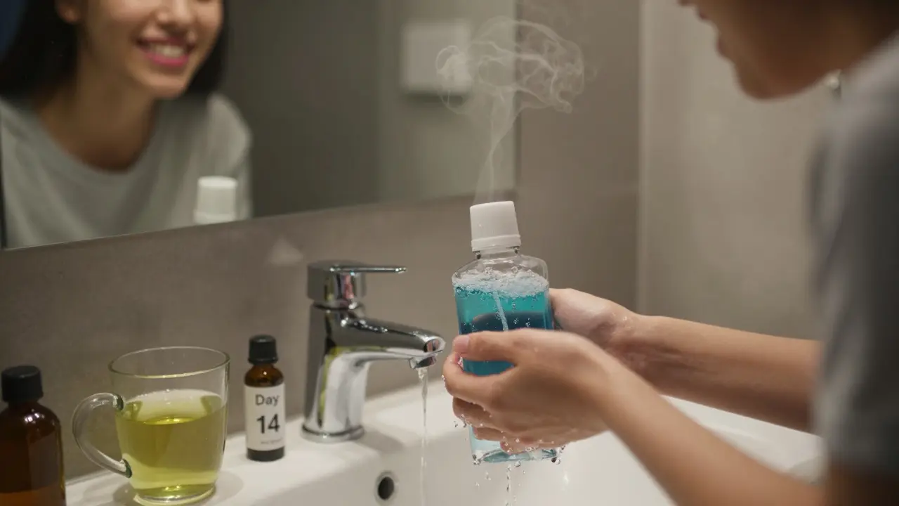 Osoba pláchnoucí ústa domácí ústní vodou v koupelně s zdravým úsměvem.