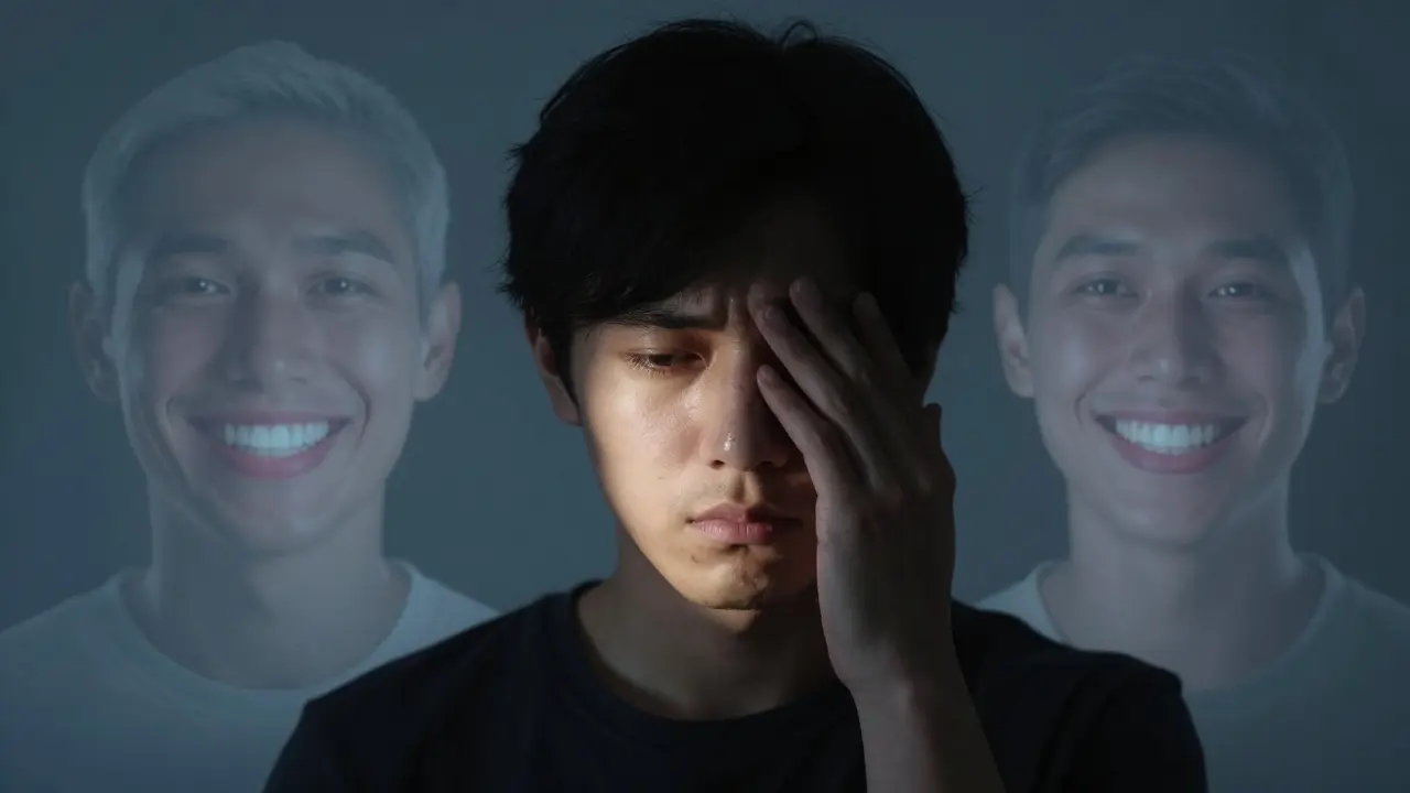 Osoba se zdráhá usmát, zatímco za ní průhledně vynikají zdravé zuby a zářivý úsměv.