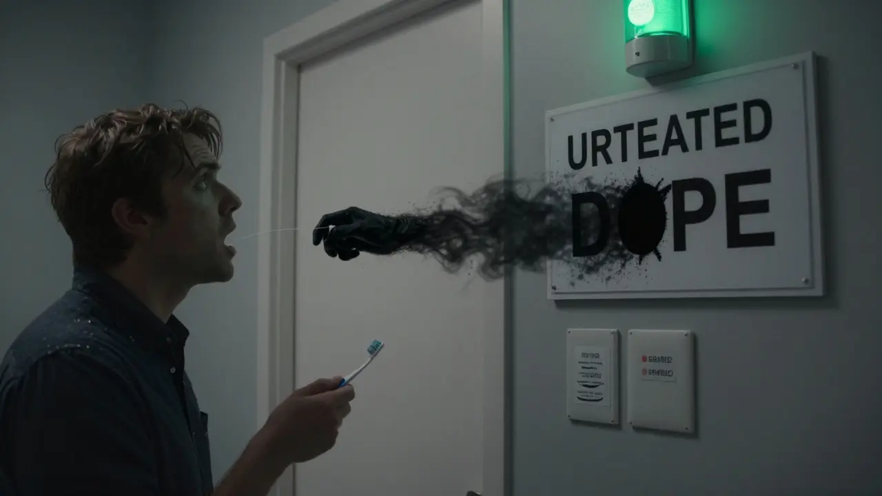 Osoba stojí před zubní klinikou, z jejího úst vyrůstá stínová forma kazu.