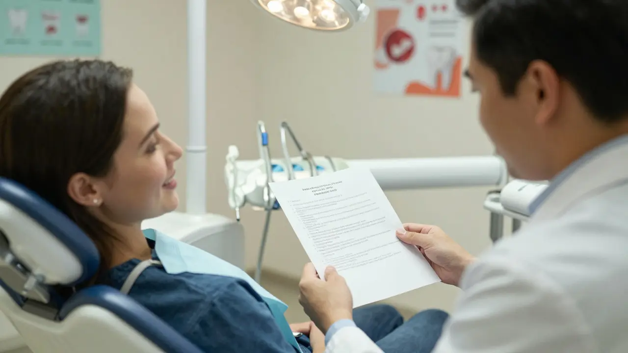 Pacient drží seznam léků a otázek, zatímco zubní lékař naslouchá v klinice.