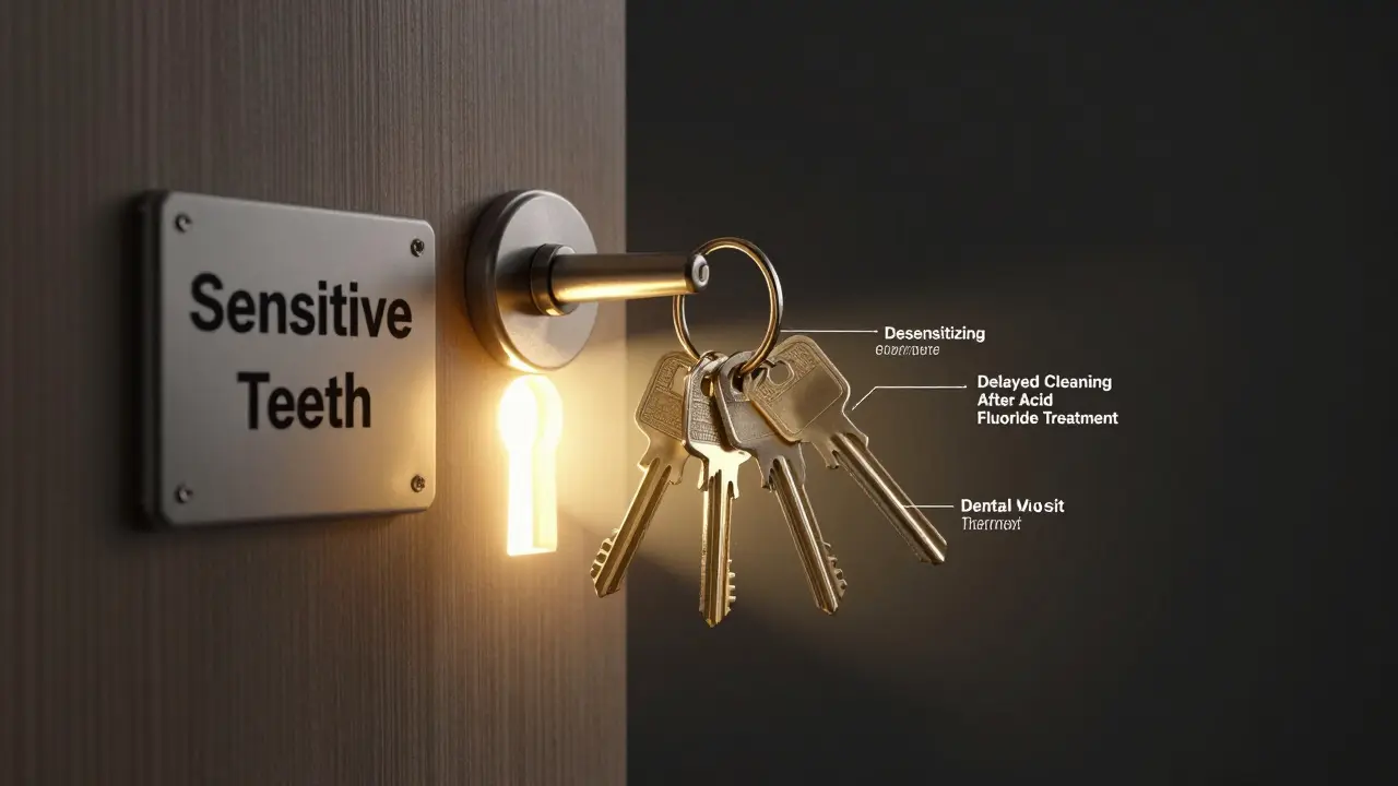 Pět klíčů otevírá dveře s nápisem 'Citlivé zuby' – symbolické řešení citlivosti.