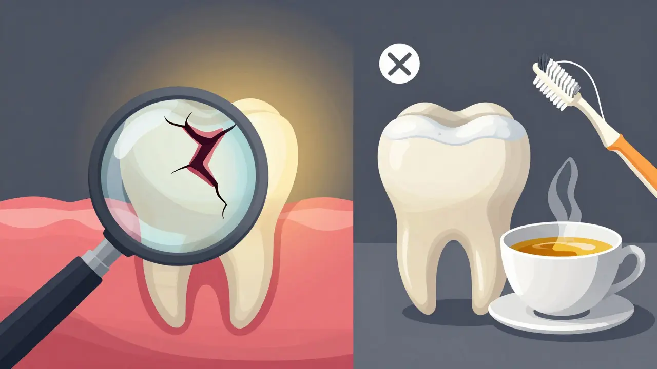Porovnání zdravého a poškozeného předního zubu s prvky prevence.