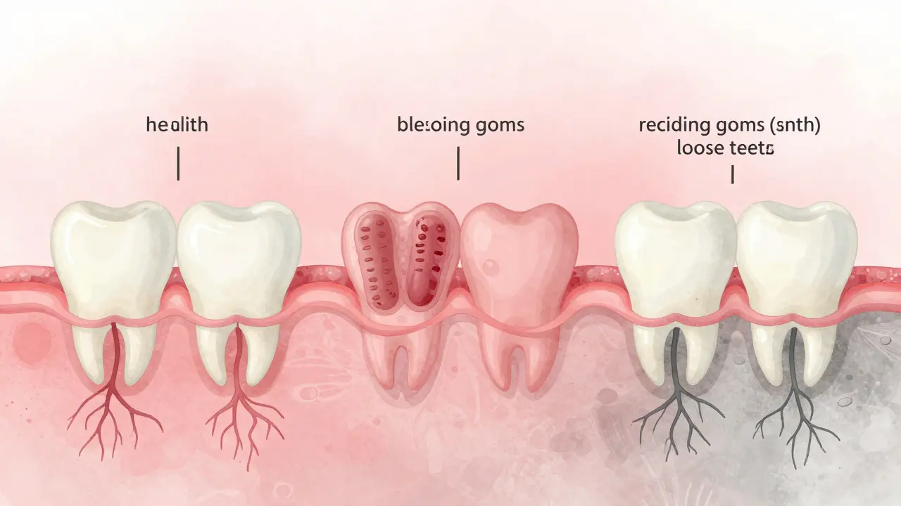 Postupné poškozování dásní a zubů kvůli zubnímu kamenu v grafické podobě.