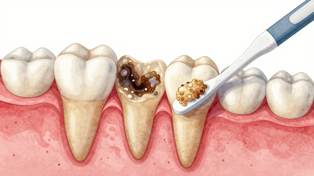 Přehled mezizubních prostor s odstraněným plakem kartáčkem.