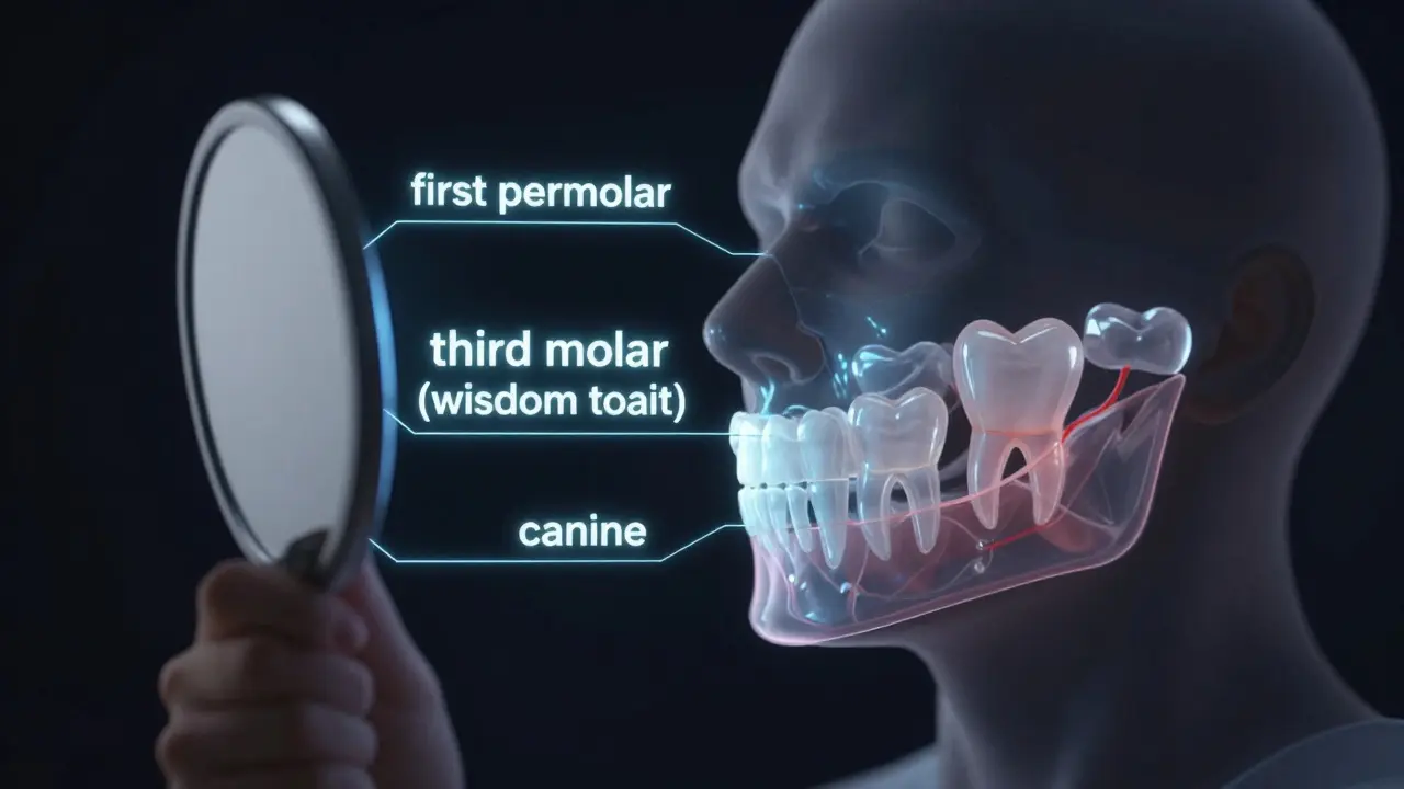 Průhledná čelist s názvy zubů na temném pozadí, symbolizující porozumění vlastnímu zdraví.
