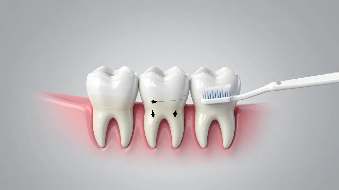 Průřez čelisti s ukázkou hromadění plaku a čištění mezizubních prostor