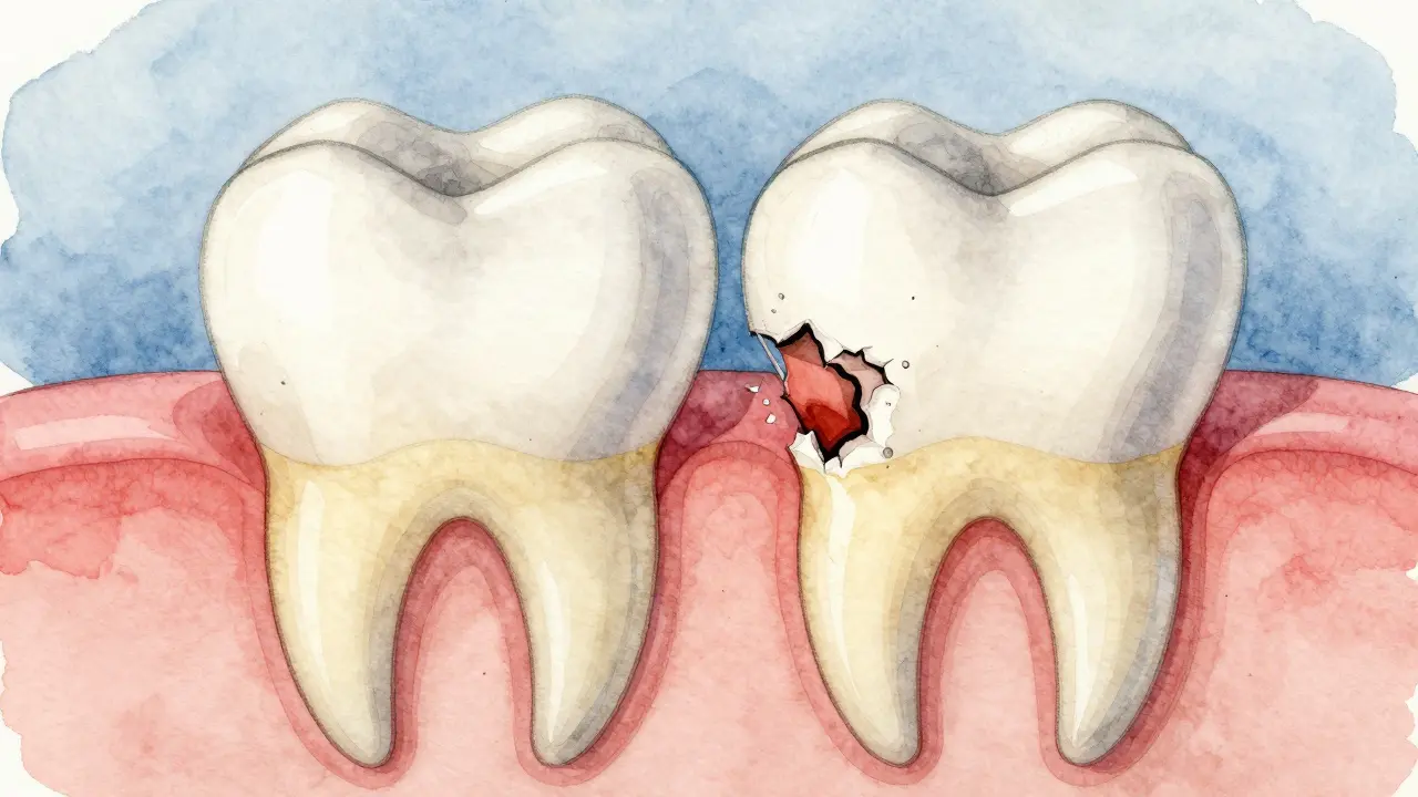 Průřez zubu ukazuje opotřebení emalové vrstvy a zjevení žlutého dentinu.