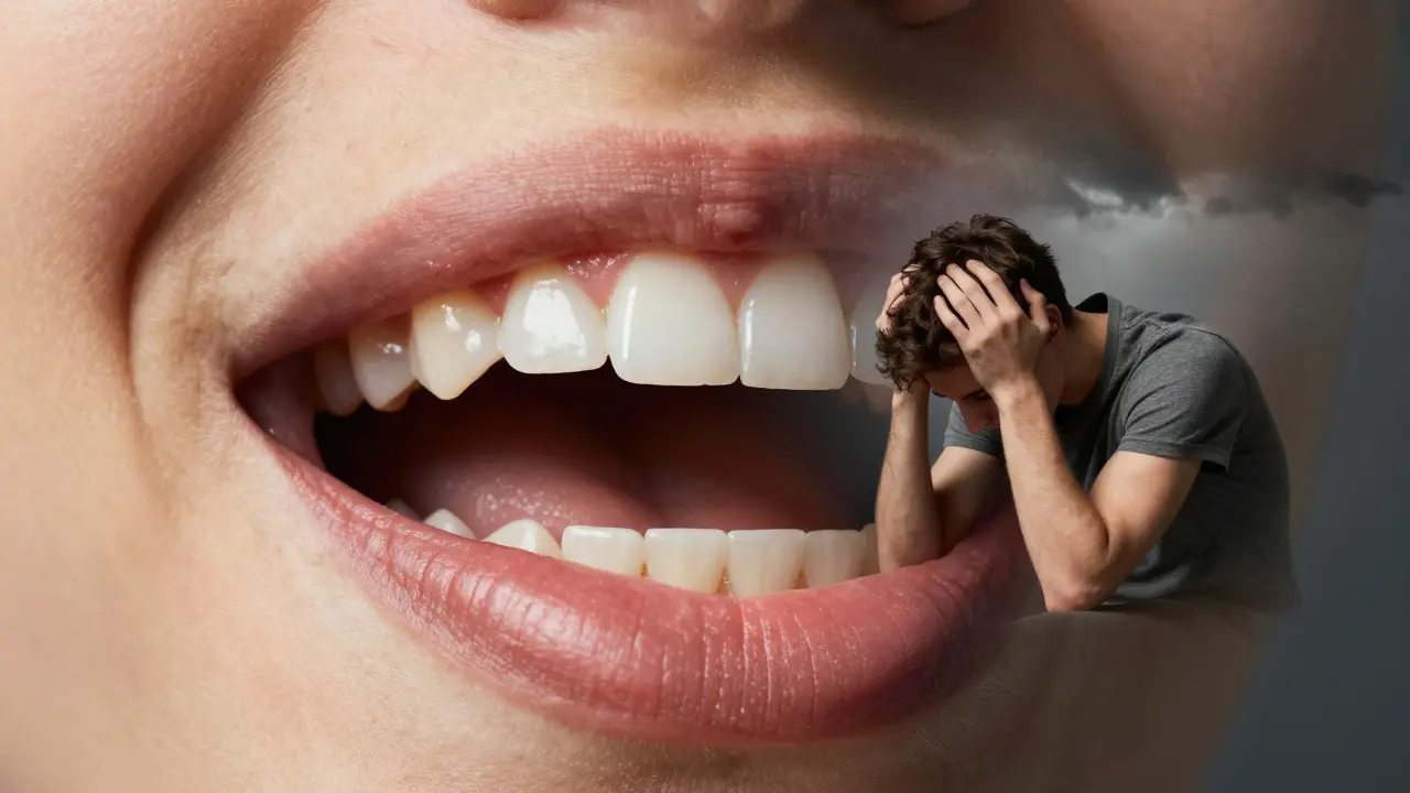 Rozdělený obrázek: jedna strana s rovnoměrnými zuby a úsměvem, druhá s křivými zuby a únavou.