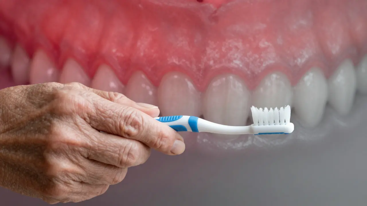 Ruka s mezizubním kartáčkem a grafickým znázorněním zdravých a zánětlivých dásní.