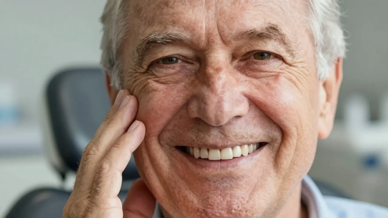 Starší muž se širokým úsměvem, jeho zuby vypadají přirozeně a zdravě.