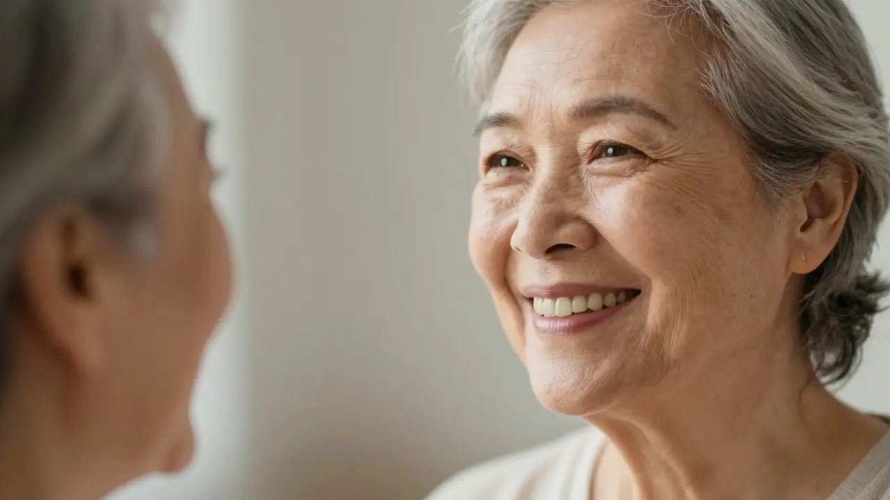 Starší pacient se usmívá do zrcadla po úspěšné rekonstrukci chrupu.