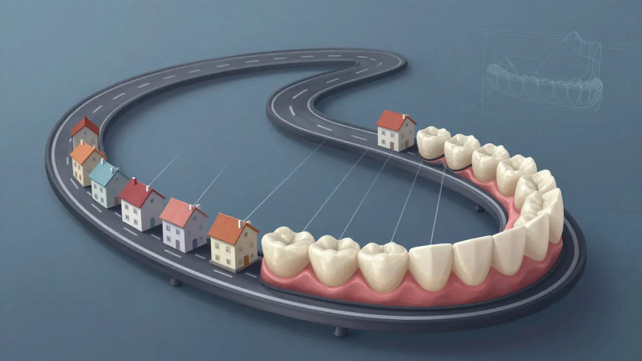 Symbolický obraz zubů jako domů na obloukové silnici, která je přesouvá do správné pozice.