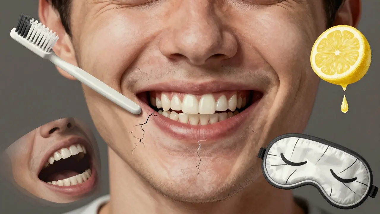 Umělecké znázornění předních zubů s trhlinami a odtaženými dásněmi, okolo nich symboly příčin bolesti.