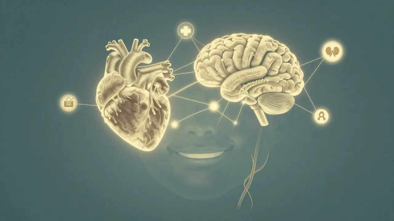 Úsměv se mění v grafické spojení srdce, mozku a cukru, symbolizující vztah ústního zdraví a celkového zdraví.