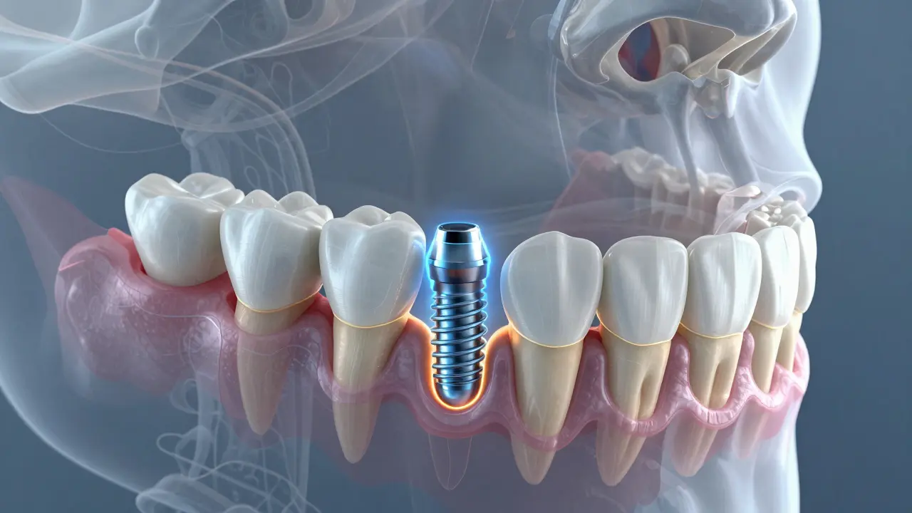 Vizualizace růstu nové kosti kolem zubního implantátu po augmentaci.