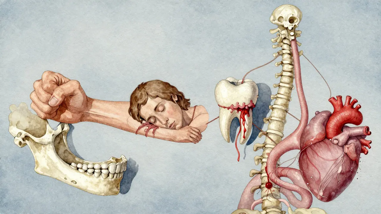 Vodová barva ilustrace čelisti s křivými zuby, které propojené stíny zobrazují bolest, spánkovou apnoi a kazu.