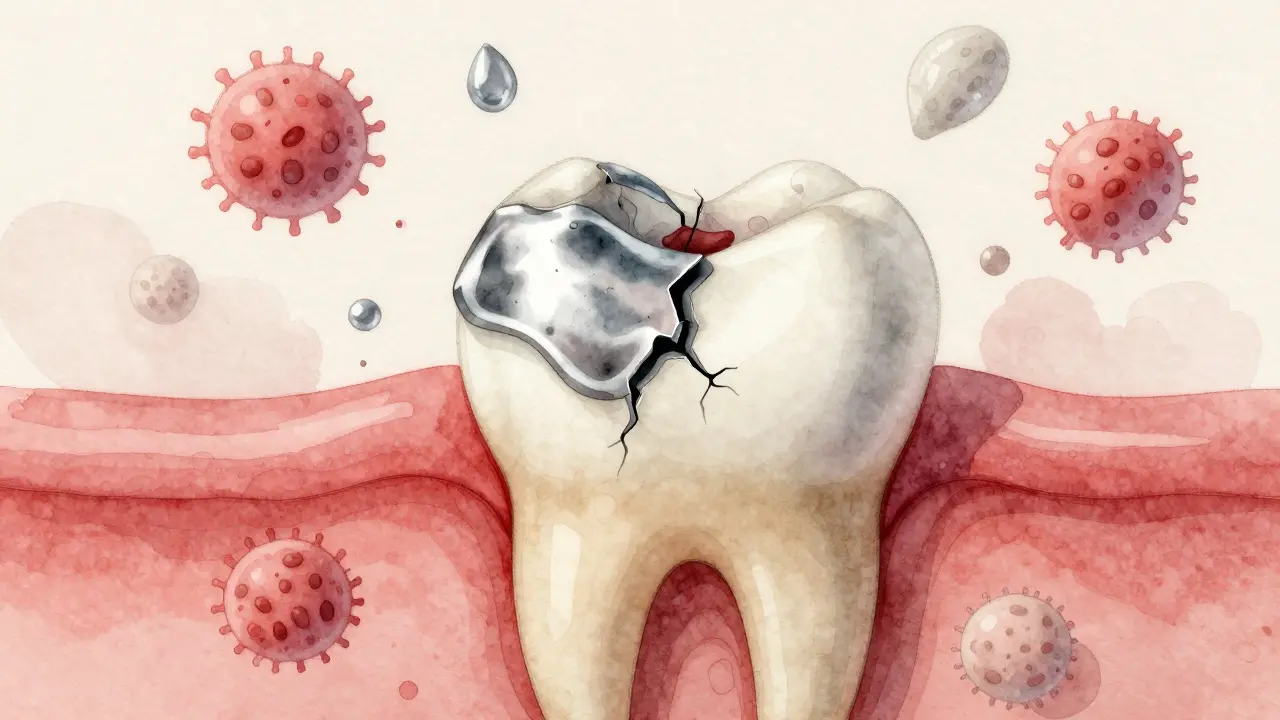 Vodová barva ilustrující praskající amalgamovou plombu pod tlakem žvýkání s mikroby a kyselinou.