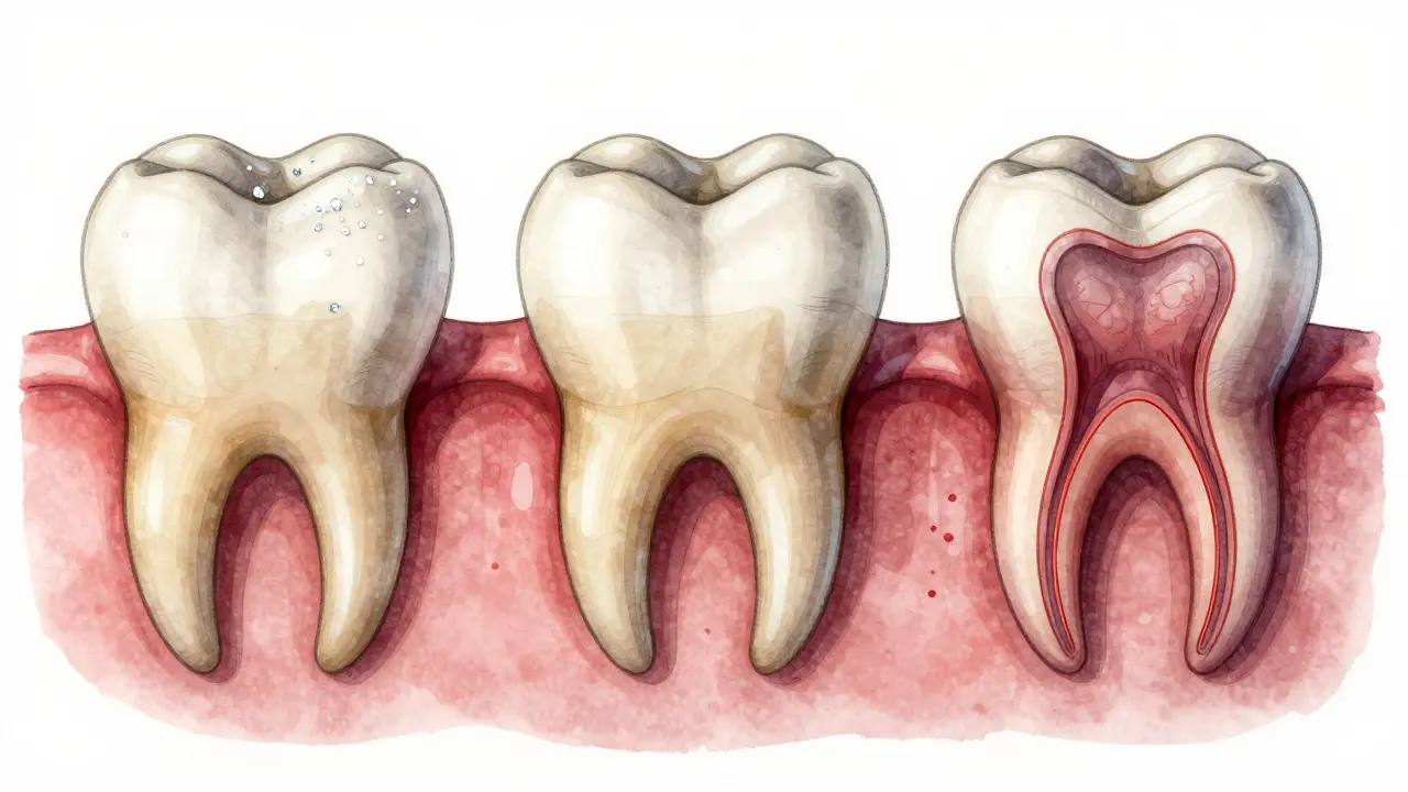 Vývoj kazu v třech fázích: zdravý zub, poškozená sklovinka, infekce v zubním nervu.