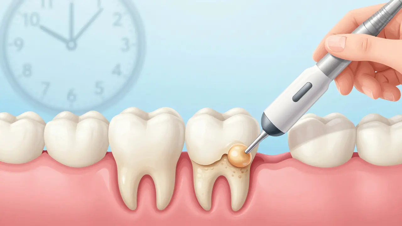 Zub s odstraňovaným zubním kamenem a zdravými dásněmi, symbolizující profesionální čištění.